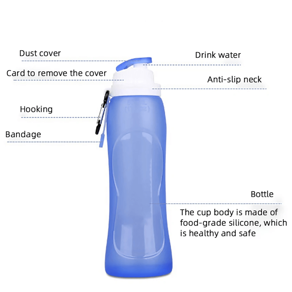 Diagram of 500ml Silicone Foldable Water Bottle for Travel - SF3484 with features labeled such as dust cover, anti-slip neck, and carabiner clip.